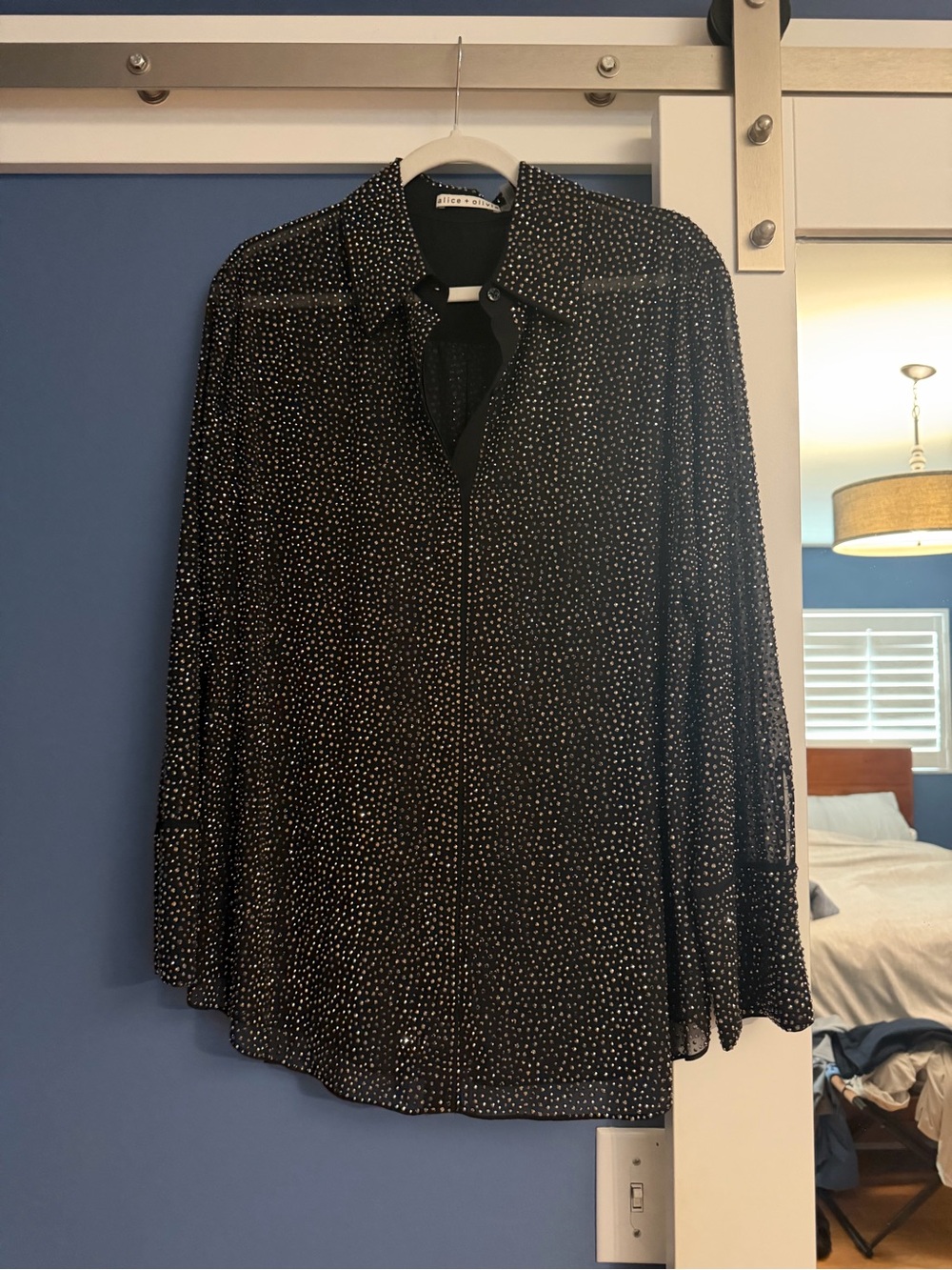 Alice + Olivia Off Black Crystal Rhinestone Shirt Size M